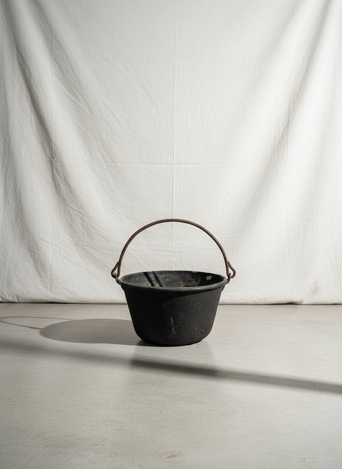 Antique Late 1800'S  Heavy Copper Kettle Apple Butter Pot with Handle on a neutral background, hommes + gardens estudio.