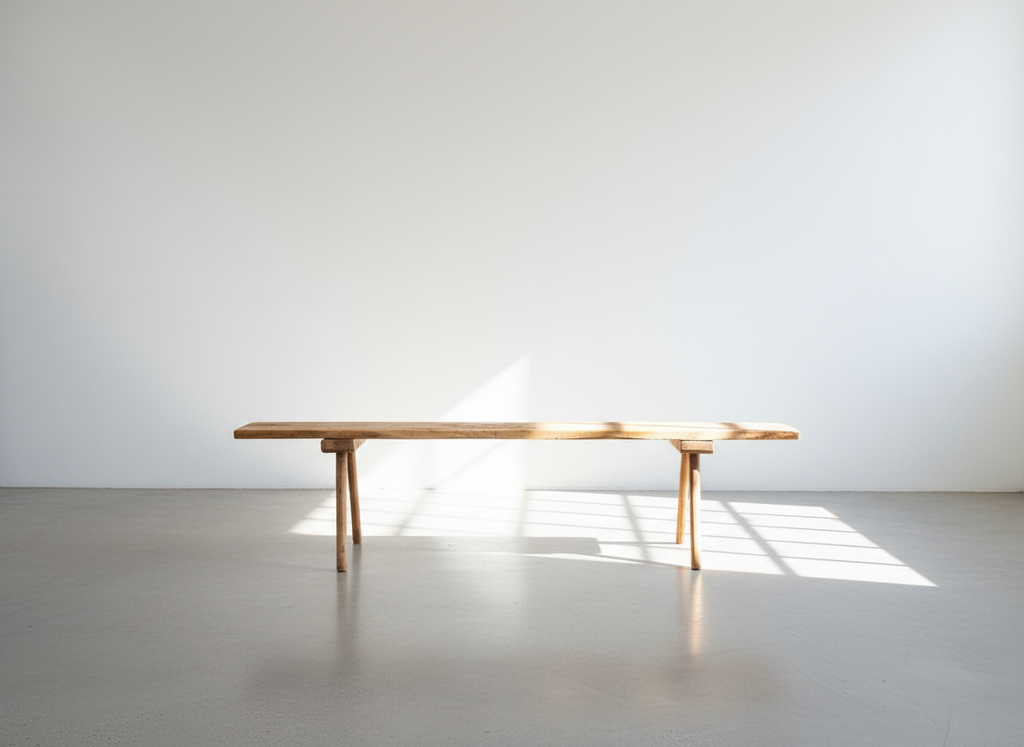 Antique European rustic butcher’s bench handcrafted from solid bleached wood with three splayed legs and aged patina, a primitive console or seating piece for farmhouse and wabi-sabi interiors — Hommes and Gardens, Furniture Collection, Home Decor, Landscape Architect, Interior Designer, Outdoor Living, Outdoor Decorations, Home Design, Luxury Design, Art, Furniture, Objects, Best Gifts, Nature, Backyard, Yard.