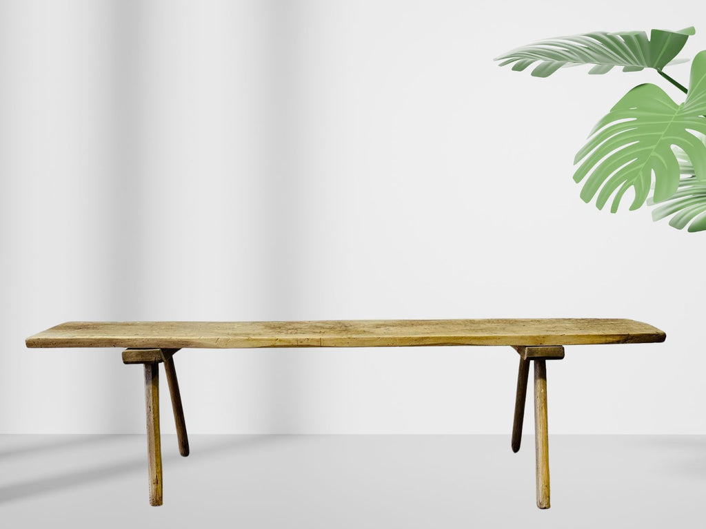 Antique European rustic butcher’s bench, handcrafted from solid bleached wood with three splayed legs and hand-hewn top, ideal as a console or farmhouse seating — Hommes and Gardens, Furniture Collection, Landscape Architect, Interior Designer, Outdoor Living, Art, Furniture, Objects, Best Gifts, Nature, Backyard, Yard, Outdoor Decorations, Home Decor, Home Design, Luxury Design.