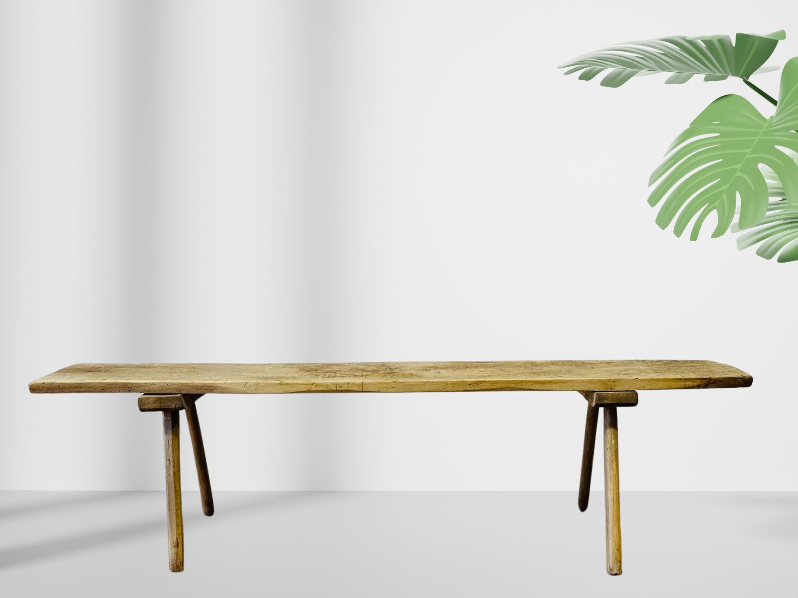 Antique European rustic butcher’s bench, handcrafted from solid bleached wood with three splayed legs and hand-hewn top, ideal as a console or farmhouse seating — Hommes and Gardens, Furniture Collection, Landscape Architect, Interior Designer, Outdoor Living, Art, Furniture, Objects, Best Gifts, Nature, Backyard, Yard, Outdoor Decorations, Home Decor, Home Design, Luxury Design.