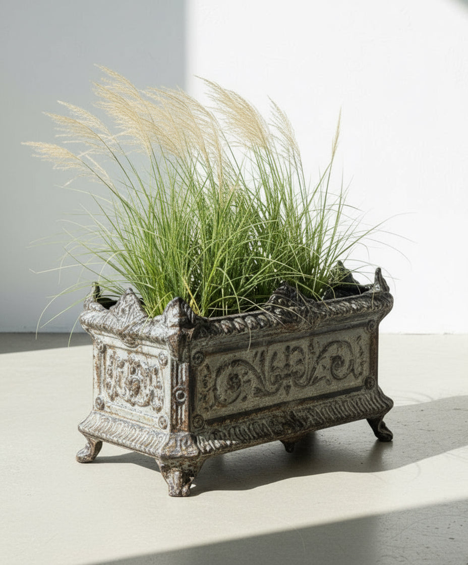 Antique French cast iron garden urn with ornate Rococo detailing, clawed feet, and aged patina, a 19th-century European planter for timeless outdoor elegance — Hommes and Gardens, Pots + Vessels Collection, Garden Decor, Landscape Architect, Interior Designer, Outdoor Living, Outdoor Decorations, Home Design, Luxury Design, Art, Furniture, Objects, Best Gifts, Nature, Backyard, Yard.