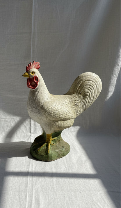 Antique French painted cast concrete rooster garden statue with weathered patina and red, yellow, and green accents, a rustic farmhouse décor piece for indoor or outdoor display — Hommes and Gardens, Fauna Collection, Home Decor, Landscape Architect, Interior Designer, Outdoor Living, Outdoor Decorations, Home Design, Luxury Design, Art, Furniture, Objects, Best Gifts, Nature, Backyard, Yard.