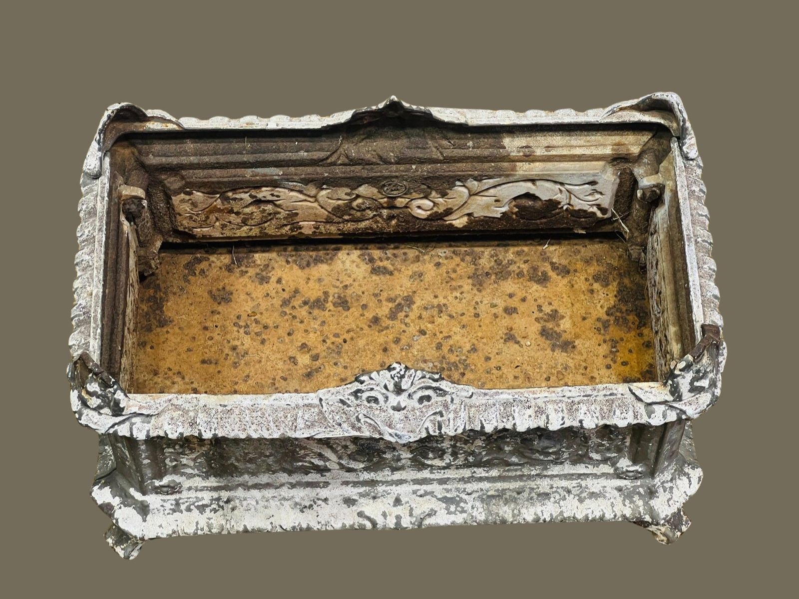 Antique French Rococo cast iron urn planter with ornate relief patterns, naturally aged patina, and claw-foot base, a refined garden centerpiece — Hommes and Gardens, Pots + Planters Collection, Landscape Architect, Interior Designer, Outdoor Living, Art, Furniture, Objects, Best Gifts, Nature, Backyard, Yard, Outdoor Decorations, Home Decor, Home Design, Luxury Design.