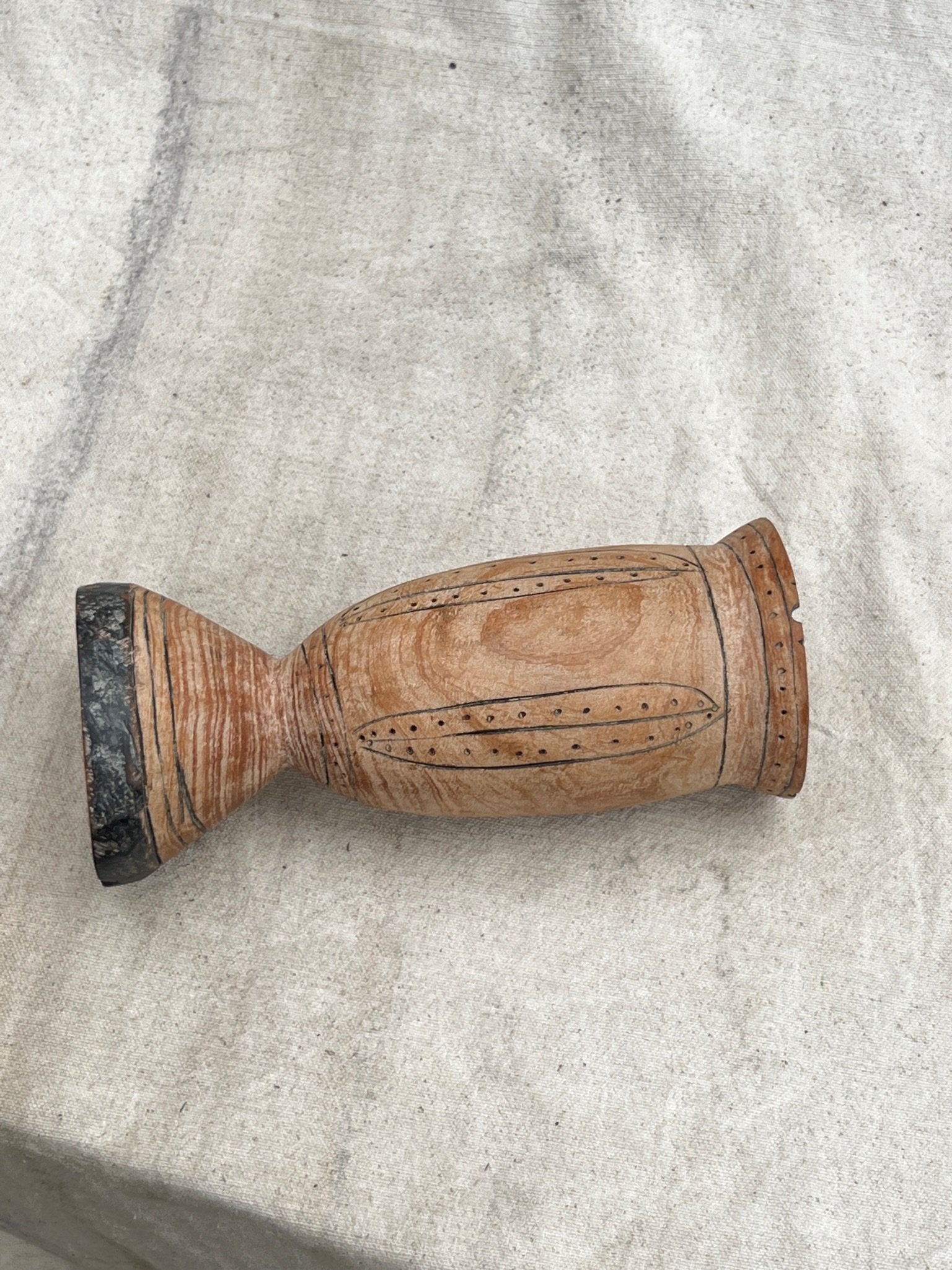 Pair of Vintage Wooden Goblets with Hand Carved Primitive Illustrations, showcasing intricate engravings. hommes + gardens estudio.