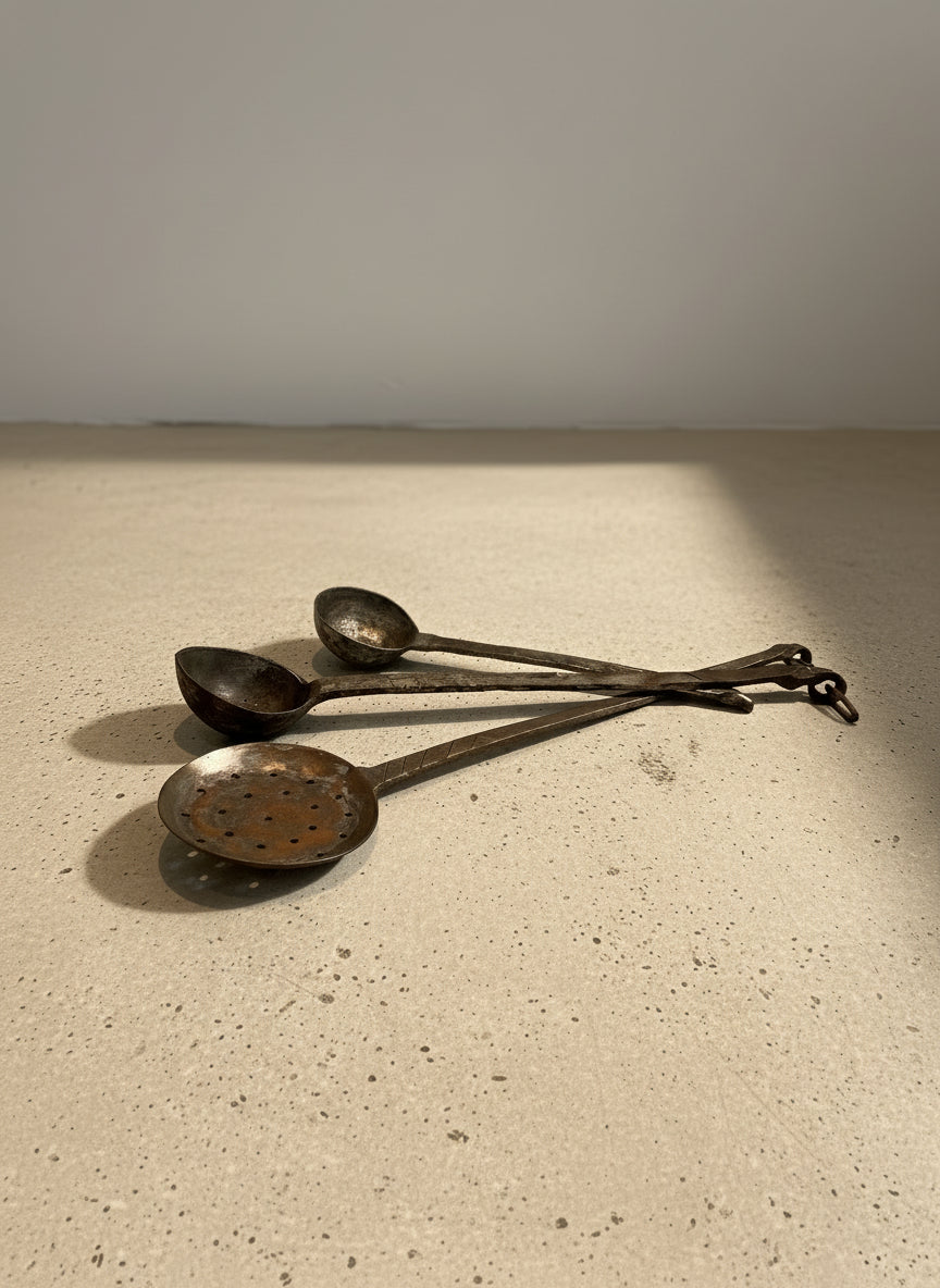 Antique hand-forged iron cooking ladles, set of three rustic kitchen utensils including deep-bowl and skimmer spoons with aged patina — Hommes and Gardens, Objects Collection, Landscape Architect, Interior Designer, Outdoor Living, Art, Furniture, Objects, Best Gifts, Nature, Backyard, Yard, Outdoor Decorations, Home Decor, Home Design, Luxury Design.