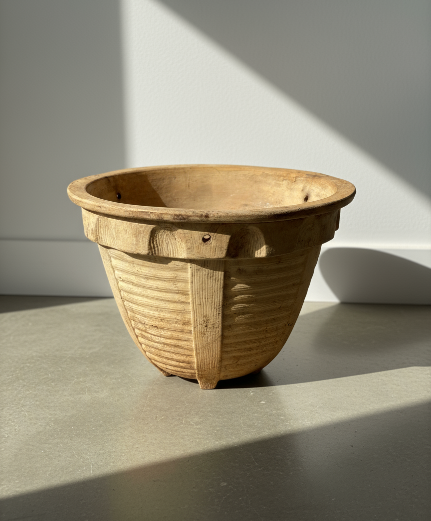 Antique handcrafted European terracotta planter with ribbed geometric pattern and aged patina, a rustic Mediterranean olive jar repurposed as a garden vessel — Hommes and Gardens, Pots + Vessels Collection, Home Decor, Landscape Architect, Interior Designer, Outdoor Living, Outdoor Decorations, Home Design, Luxury Design, Art, Furniture, Objects, Best Gifts, Nature, Backyard, Yard.