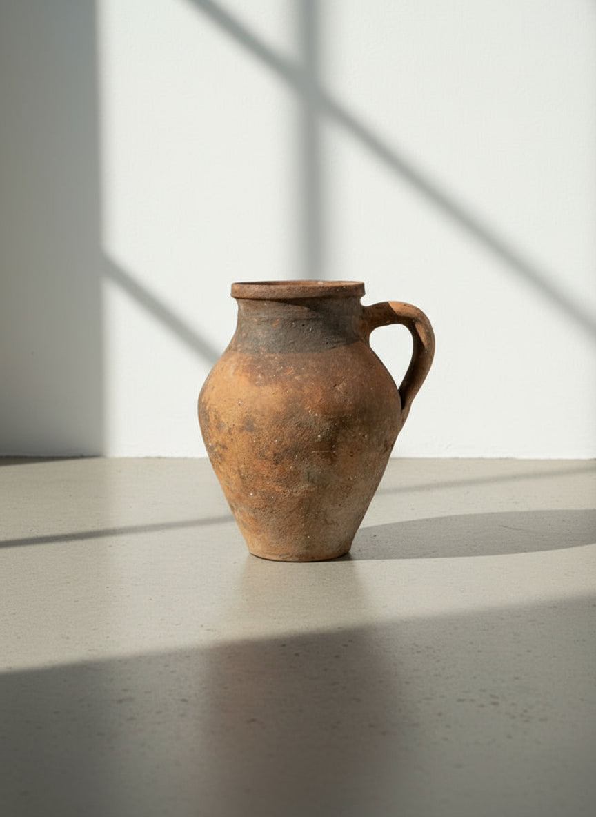 Antique handcrafted terracotta pot with amphora-style form, single handle, and rich aged patina, a rustic Mediterranean clay vessel showcasing timeless artisanal pottery — Hommes and Gardens, Pots + Vessels Collection, Home Decor, Landscape Architect, Interior Designer, Outdoor Living, Outdoor Decorations, Home Design, Luxury Design, Art, Furniture, Objects, Best Gifts, Nature, Backyard, Yard.