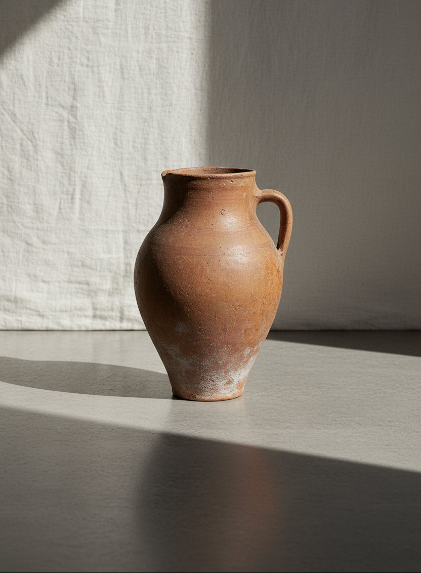Antique handcrafted terracotta water jug with rustic earthenware form, curved handle, and natural patina, a timeless Mediterranean-inspired decorative vessel — Hommes and Gardens, Pots + Vessels Collection, Verdant Collection, Home Decor, Landscape Architect, Interior Designer, Outdoor Living, Outdoor Decorations, Home Design, Luxury Design, Art, Furniture, Objects, Best Gifts, Nature, Backyard, Yard.