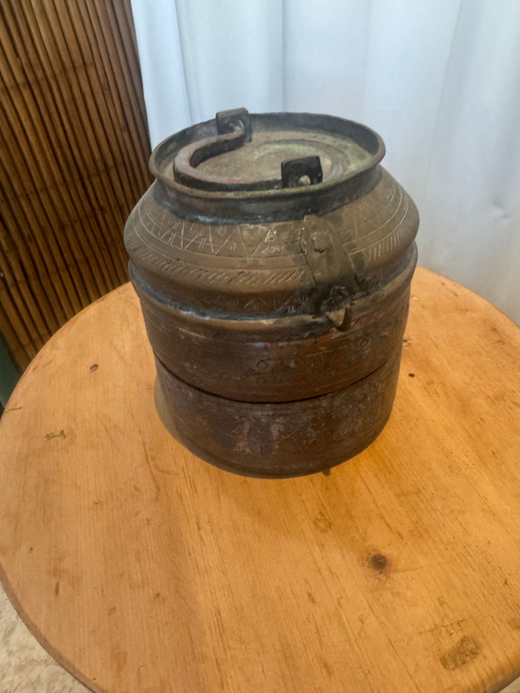 Antique handcrafted Turkish copper lunch pail with ornate etched floral and geometric motifs, rich patina, and Ottoman-era artistry — Hommes and Gardens, Objects Collection, Landscape Architect, Interior Designer, Outdoor Living, Art, Furniture, Objects, Best Gifts, Nature, Backyard, Yard, Outdoor Decorations, Home Decor, Home Design, Luxury Design.