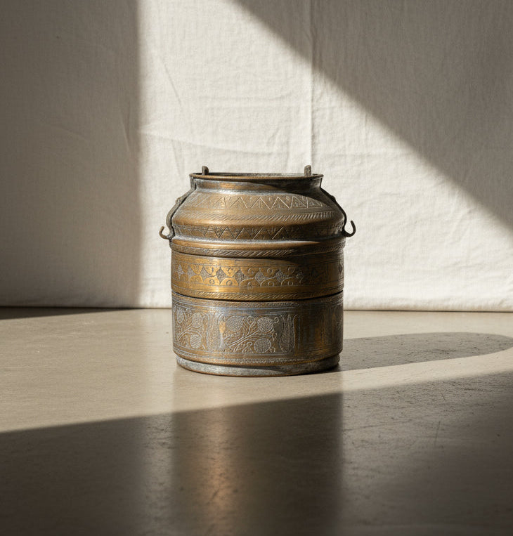 Antique handcrafted Turkish copper lunch pail with ornate hand-etched geometric and floral motifs, rich patina, and Ottoman-era artistry, ideal as a decorative collectible — Hommes and Gardens, Decorative Collection, Home Decor, Landscape Architect, Interior Designer, Outdoor Living, Outdoor Decorations, Home Design, Luxury Design, Art, Furniture, Objects, Best Gifts, Nature, Backyard, Yard.