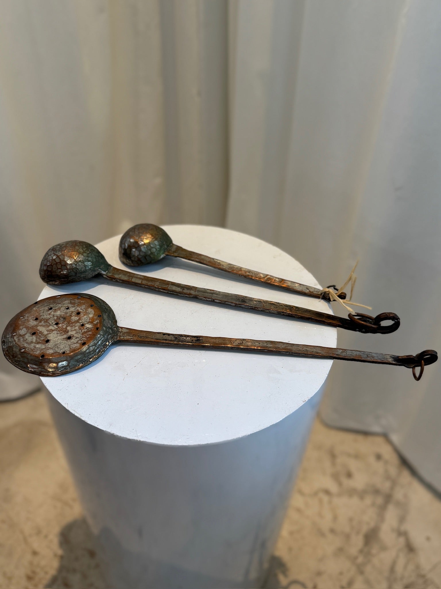 Antique handmade iron kitchen ladles, three-piece set with weathered finish, rustic blacksmith-forged craftsmanship for kitchen or wall decor — Hommes and Gardens, Objects Collection, Landscape Architect, Interior Designer, Outdoor Living, Art, Furniture, Objects, Best Gifts, Nature, Backyard, Yard, Outdoor Decorations, Home Decor, Home Design, Luxury Design.