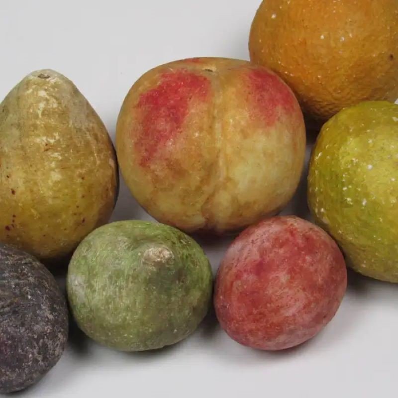 Collection of antique Italian folk art painted stone fruit including pear, peach, lemon, and figs, handcrafted and lifelike — Hommes and Gardens, home decor, outdoor decorations, home design, luxury design, Landscape Architect, Interior Designer, Outdoor Living, Art, Furniture, Objects, Best Gifts, Nature, Backyard, Yard.