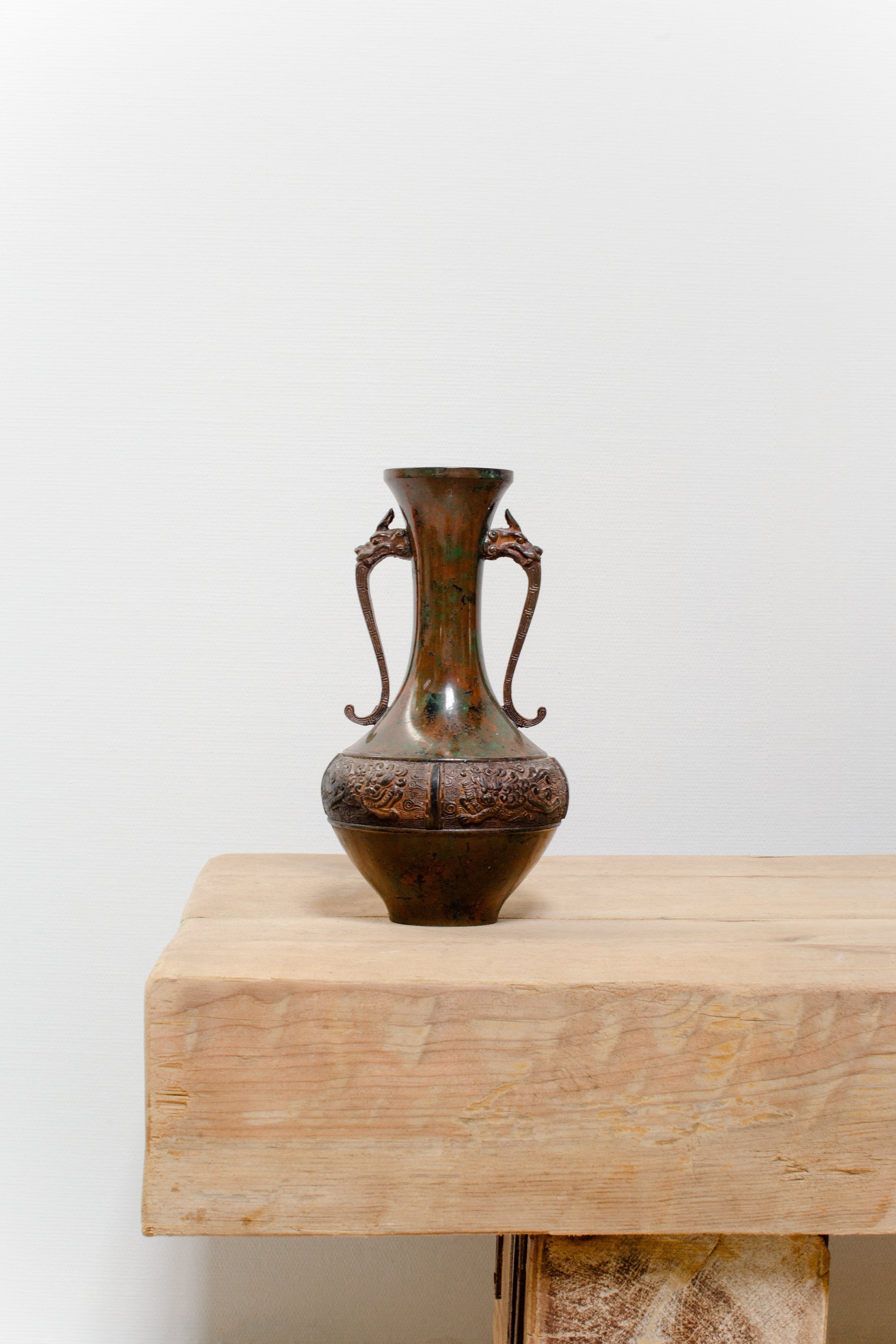 Antique Japanese vase crafted from copper alloy with sculpted dragon handles and engraved dragon designs, elegant collectible décor — Hommes and Gardens, Pots + Vessels Collection, Landscape Architect, Interior Designer, Outdoor Living, Outdoor Decorations, Home Decor, Home Design, Luxury Design, Art, Furniture, Objects, Best Gifts, Nature, Backyard, Yard.