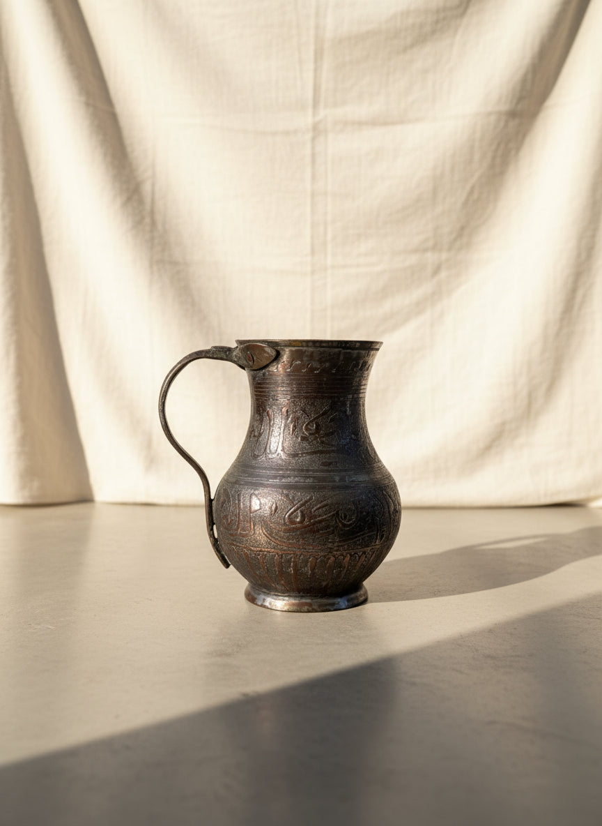 Antique Middle Eastern hand-engraved copper pitcher with Arabic calligraphy and ornate motifs, aged patina, and curved handle, a collectible Islamic art vessel — Hommes and Gardens, Decorative Collection, Home Decor, Landscape Architect, Interior Designer, Outdoor Living, Outdoor Decorations, Home Design, Luxury Design, Art, Furniture, Objects, Best Gifts, Nature, Backyard, Yard.