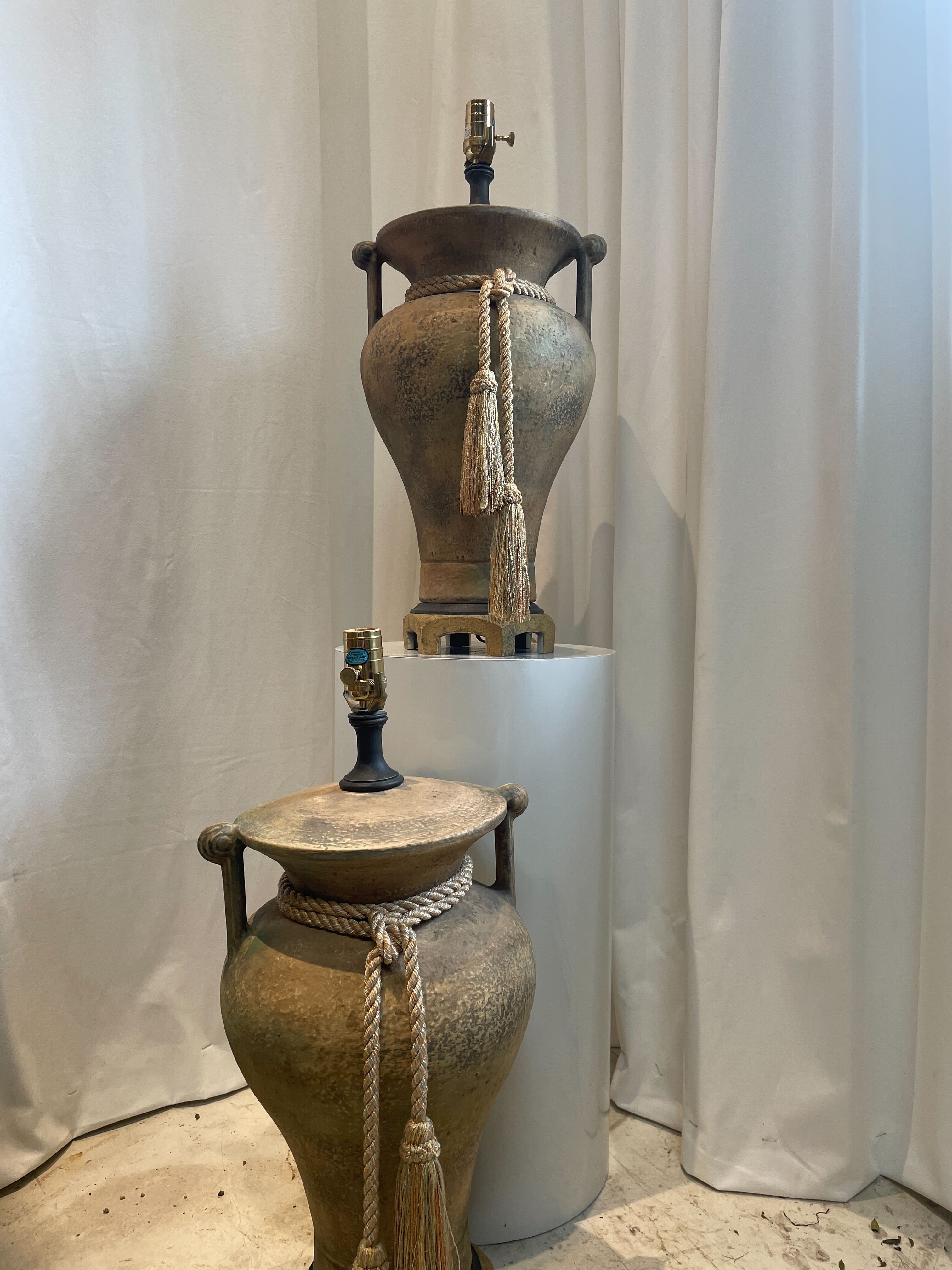 Pair of Vintage Porcelain Chinoiserie Beige Ginger Jar Table Lamps showcasing elegant design and aged ceramic, hommes + gardens estudio.