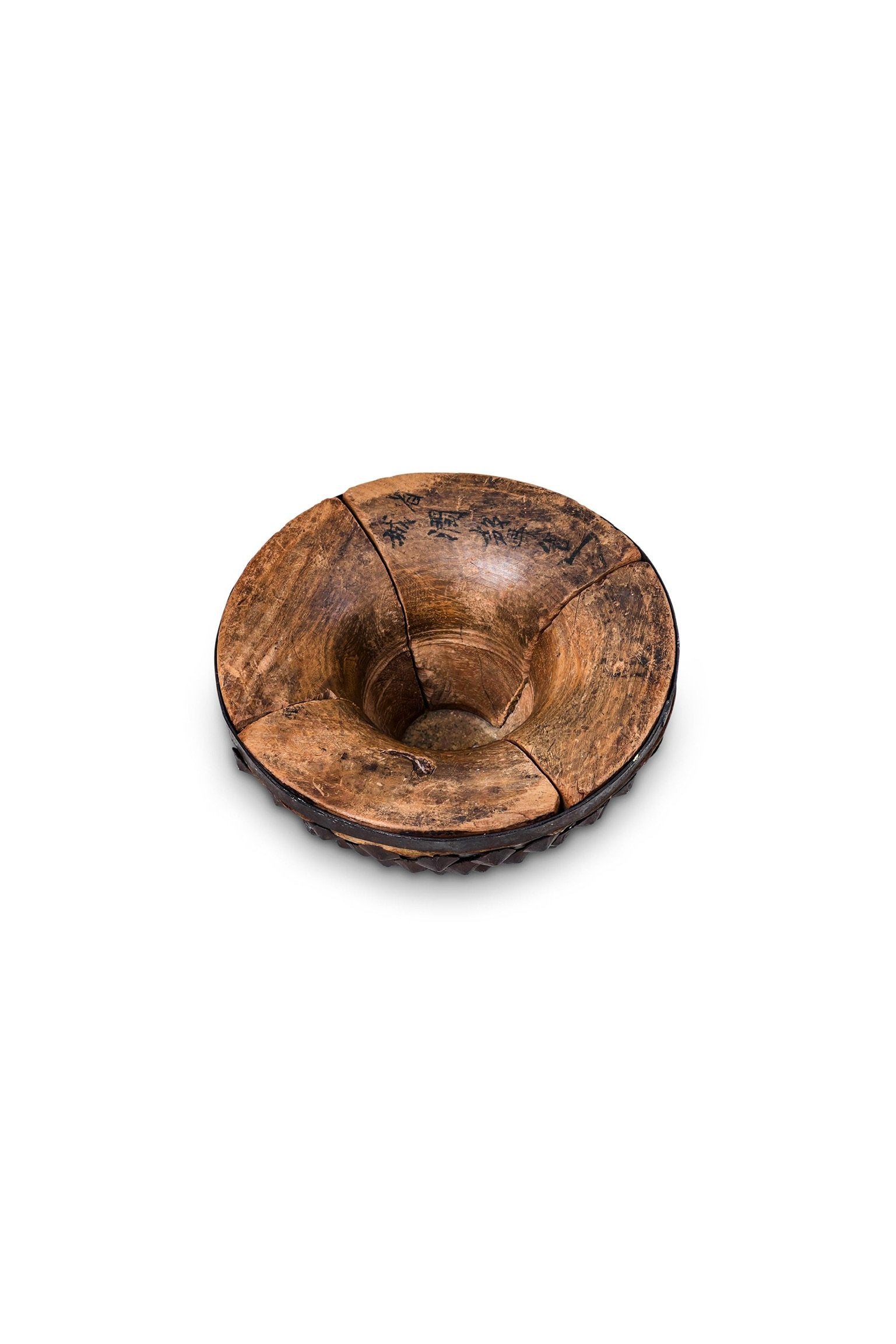 Primitive Chinese Wood & Animal Skin Bowl featuring intricate details and bolted metal accents, hommes + gardens estudio.