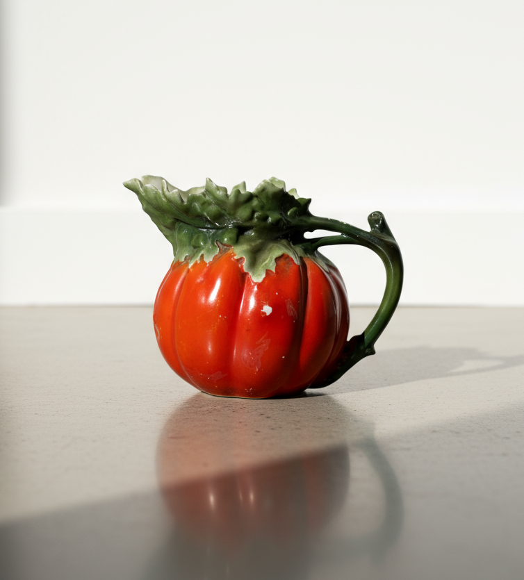 Antique Royal Bayreuth Bavaria pumpkin-shaped ceramic pitcher with hand-painted orange glaze, green leafy rim, and vine handle, a rare German collectible — Hommes and Gardens, Decorative Collection, Home Decor, Landscape Architect, Interior Designer, Outdoor Living, Outdoor Decorations, Home Design, Luxury Design, Art, Furniture, Objects, Best Gifts, Nature, Backyard, Yard.