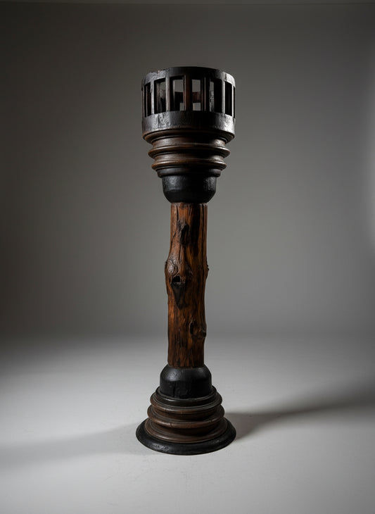 Antique rustic wooden plant stand with wheel axle-inspired base, aged patina, and natural chipping, a vintage decorative accent for garden or farmhouse interiors — Hommes and Gardens, Furniture Collection, Home Decor, Landscape Architect, Interior Designer, Outdoor Living, Outdoor Decorations, Home Design, Luxury Design, Art, Furniture, Objects, Best Gifts, Nature, Backyard, Yard.