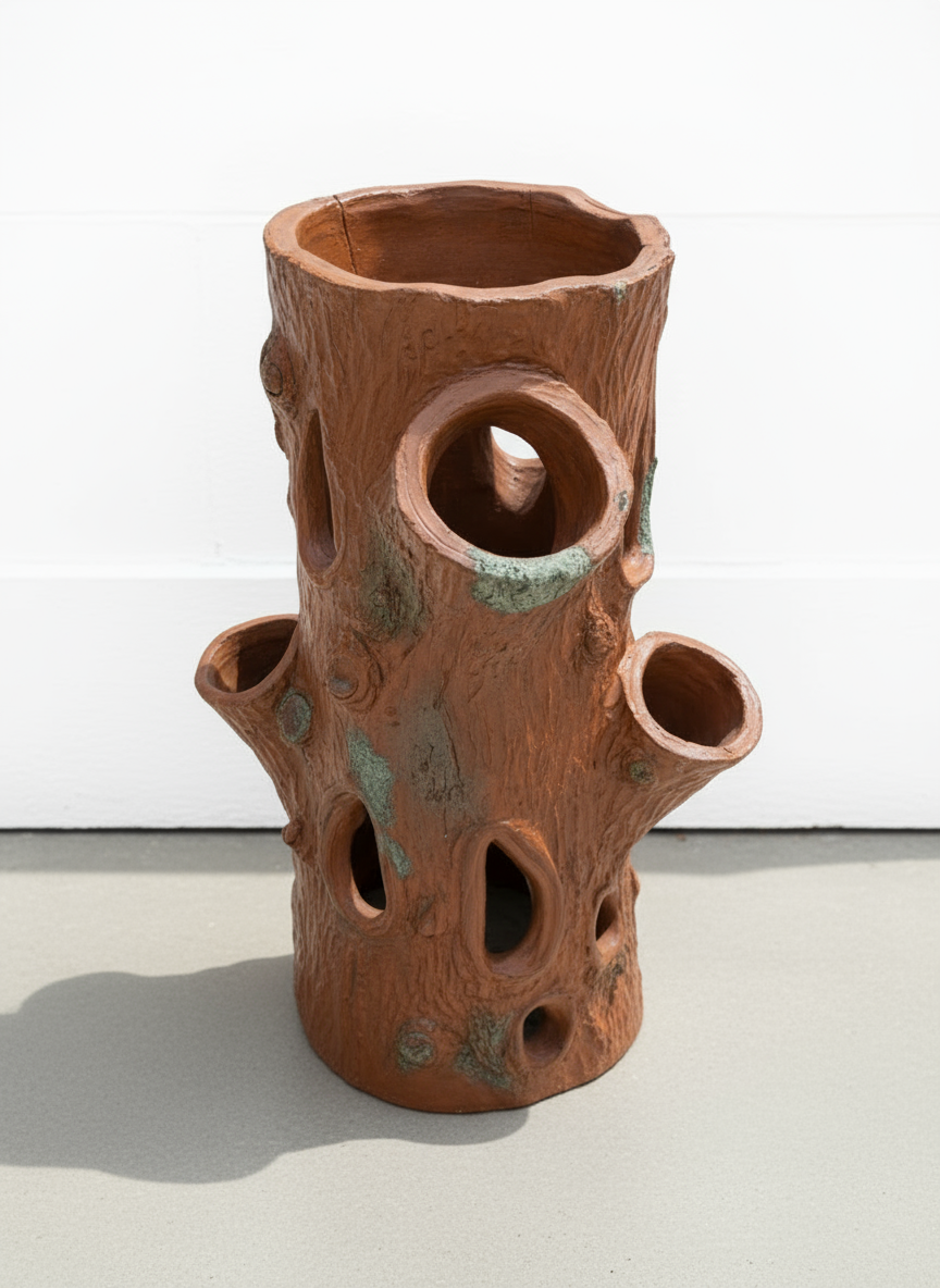 Antique terracotta faux bois planter with tall multi-mouth design, handcrafted with natural wood-like texture and aged patina — Hommes and Gardens, Pots + Vessels Collection, Landscape Architect, Interior Designer, Outdoor Living, Outdoor Decorations, Home Decor, Home Design, Luxury Design, Art, Furniture, Objects, Best Gifts, Nature, Backyard, Yard.