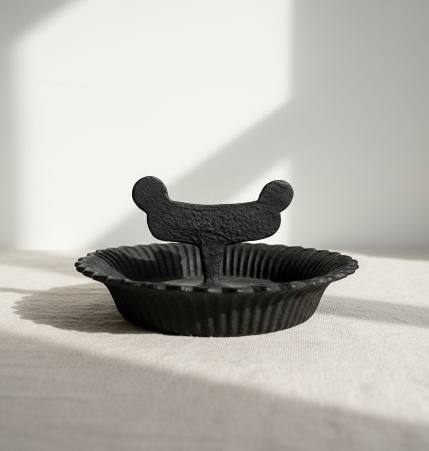 Antique Victorian Cast Iron Boot Scraper with Scalloped Tray on a neutral fabric background, hommes + gardens estudio.