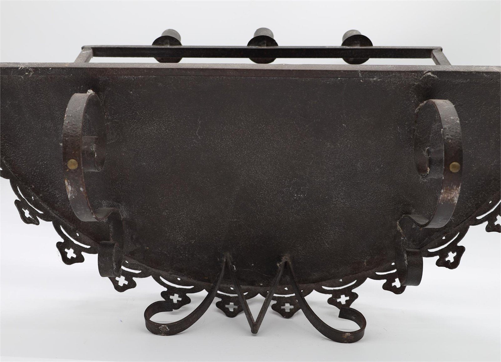 Set of two Antique Gothic Wrought iron Candle Wall Shelf or Sconce showing wrought ironwork design and holder features. hommes + gardens estudio.