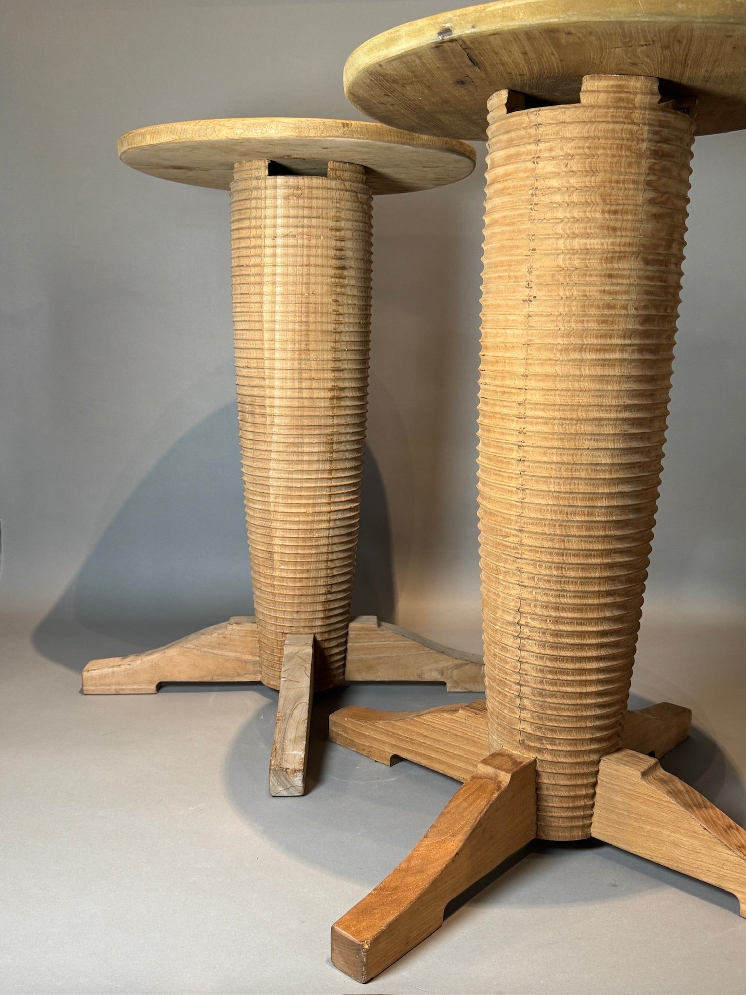 Art Deco oak pedestal side tables in French vintage style with ribbed columns and natural wood finish, ideal for elegant interiors — Hommes and Gardens, Furniture Collection, Landscape Architect, Interior Designer, Outdoor Living, Art, Furniture, Objects, Best Gifts, Nature, Backyard, Yard, Outdoor Decorations, Home Decor, Home Design, Luxury Design.