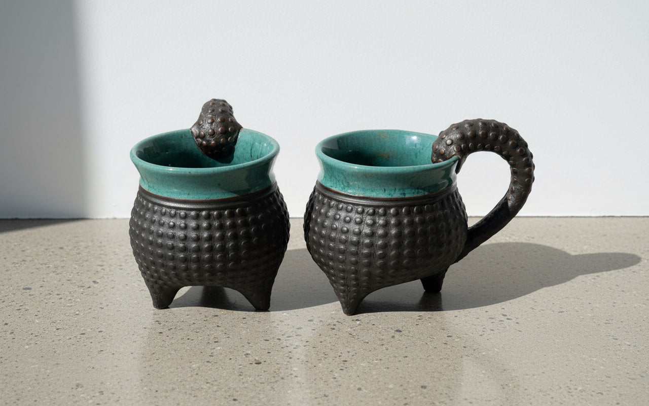Artist-signed Sandi Pierantozzi ceramic mugs with textured sea urchin design, teal glaze interiors, and sculpted tentacle handles, a collectible handcrafted pottery set — Hommes and Gardens, Decorative Collection, Home Decor, Landscape Architect, Interior Designer, Outdoor Living, Outdoor Decorations, Home Design, Luxury Design, Art, Furniture, Objects, Best Gifts, Nature, Backyard, Yard.