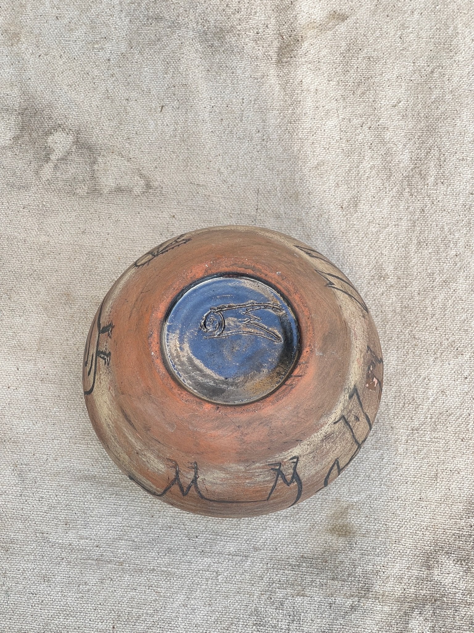 Vintage Clay Vase with Primitive Drawings (Signed) featuring a unique primitive design. hommes + gardens estudio.