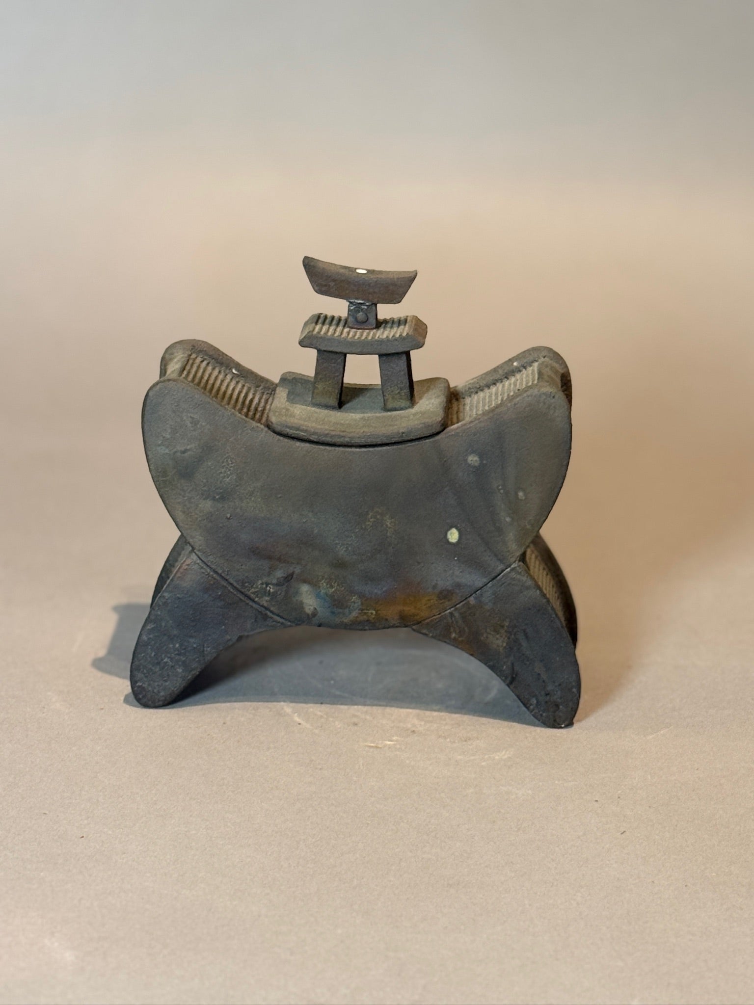 Unique Modern Asian-Inspired Ceramic Headrest Sculpture with Removable Top - intricate detailing and dark patina, hommes + gardens estudio.