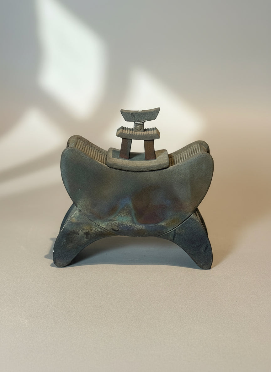 Unique Modern Asian-Inspired Ceramic Headrest Sculpture with Removable Top - intricate design and rich patina. hommes + gardens estudio.