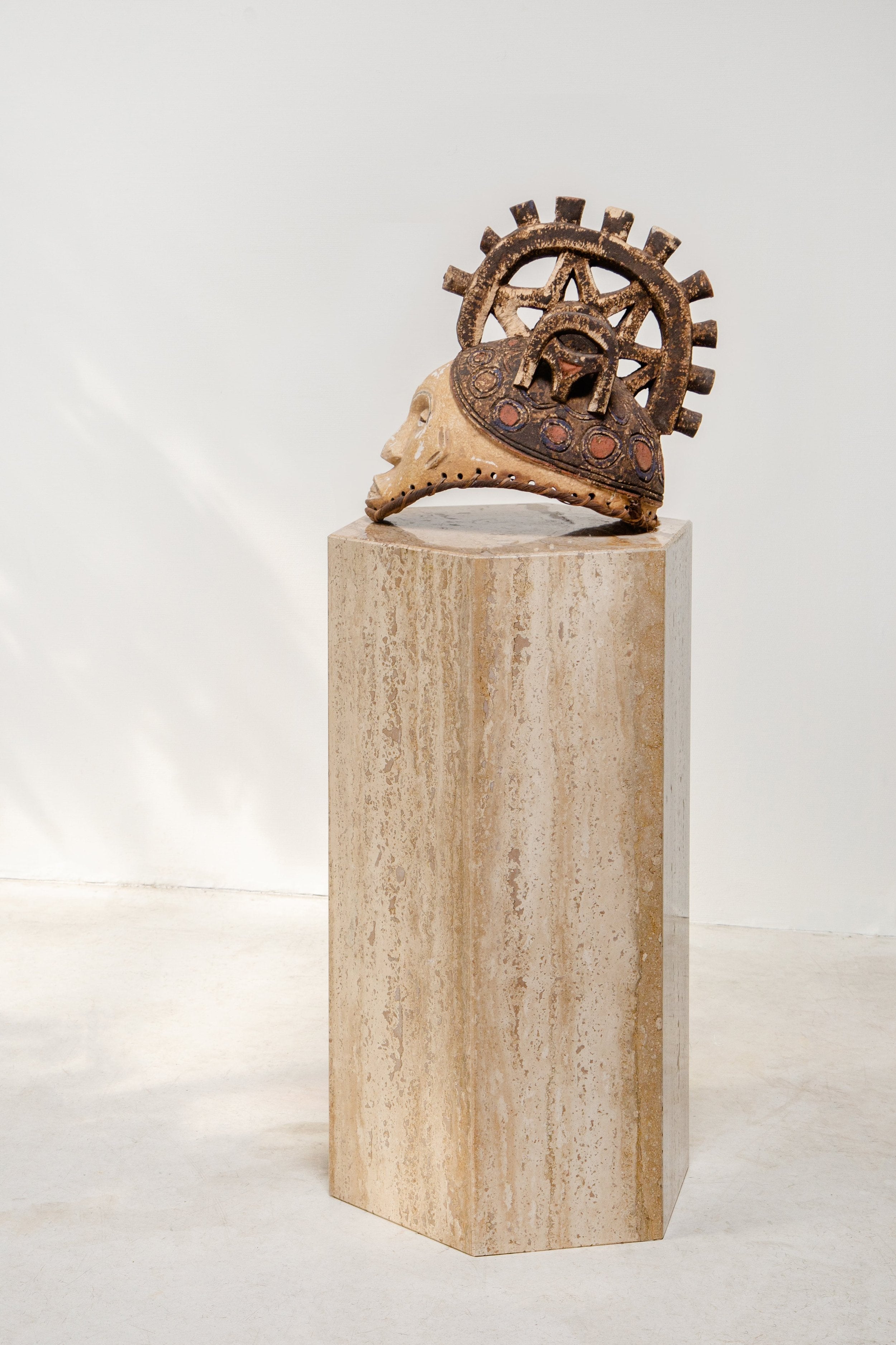 Authentic 19th-century Nigerian Igbo mask crafted from wood with intricate carvings and dyed fabric, a rare African cultural artifact — Hommes and Gardens, Objects Collection, home decor, outdoor decorations, home design, luxury design, Landscape Architect, Interior Designer, Outdoor Living, Art, Furniture, Objects, Best Gifts, Nature, Backyard, Yard.