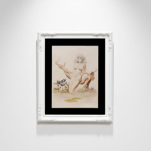 Vintage “Bathing Girl” print by Frank Frazetta featuring soft blues and greens, a captivating lithograph showcasing the artist’s mastery of light, shadow, and sensual form — Hommes and Gardens, Wallscape Collection, Home Decor, Outdoor Decorations, Landscape Architect, Interior Designer, Outdoor Living, Home Design, Luxury Design, Art, Furniture, Objects, Best Gifts, Nature, Backyard, Yard.