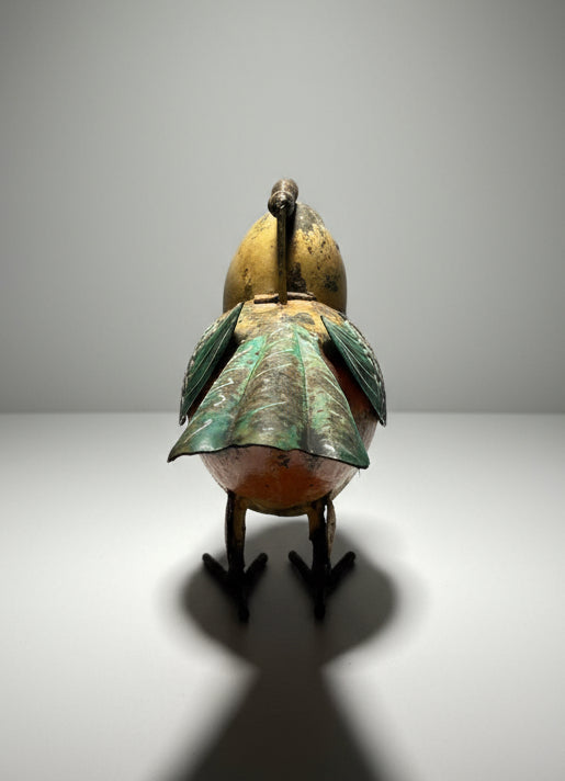 Whimsical Vintage Hand-Painted Metal Bird Watering Can showcasing colorful details and artistic design. hommes + gardens estudio.