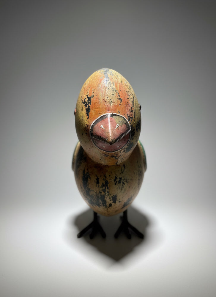 Whimsical Vintage Hand-Painted Metal Bird Watering Can with vibrant colors and sculptural details, hommes + gardens estudio.