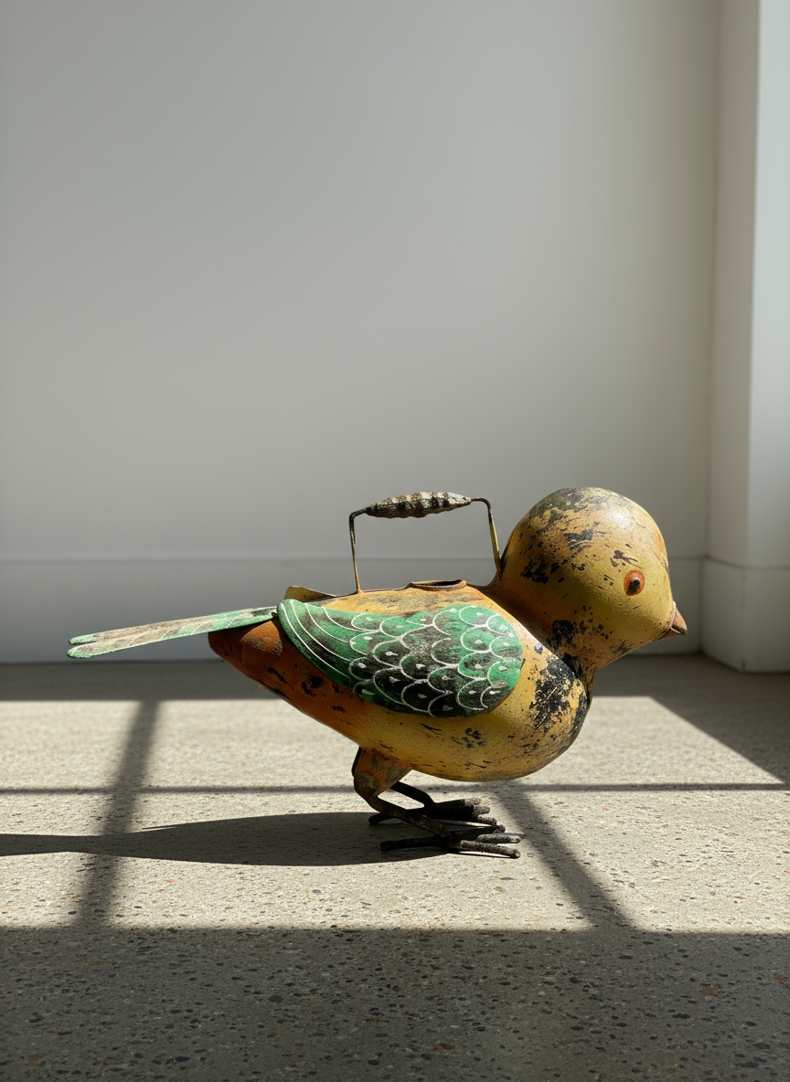 Whimsical Vintage Hand-Painted Metal Bird Watering Can showcasing vibrant colors and charming design. hommes + gardens estudio.