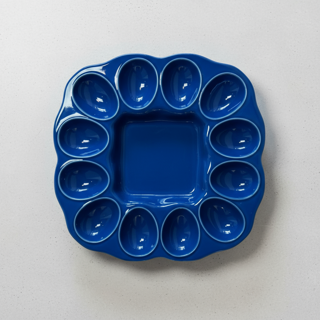 Vintage blue ceramic deviled egg plate, handcrafted serving dish with classic design and elegant tableware charm — Hommes and Gardens, Decorative Collection, Landscape Architect, Interior Designer, Outdoor Living, Outdoor Decorations, Home Decor, Home Design, Luxury Design, Art, Furniture, Objects, Best Gifts, Nature, Backyard, Yard.