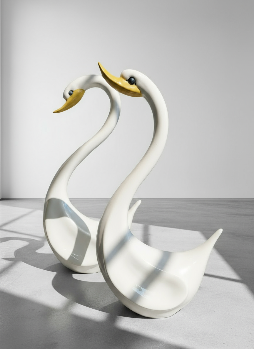 Pair of Elegant Vintage Ceramic Swan Sculptures in Gloss White with Yellow Beaks, showcasing elegant design, hommes + gardens estudio.