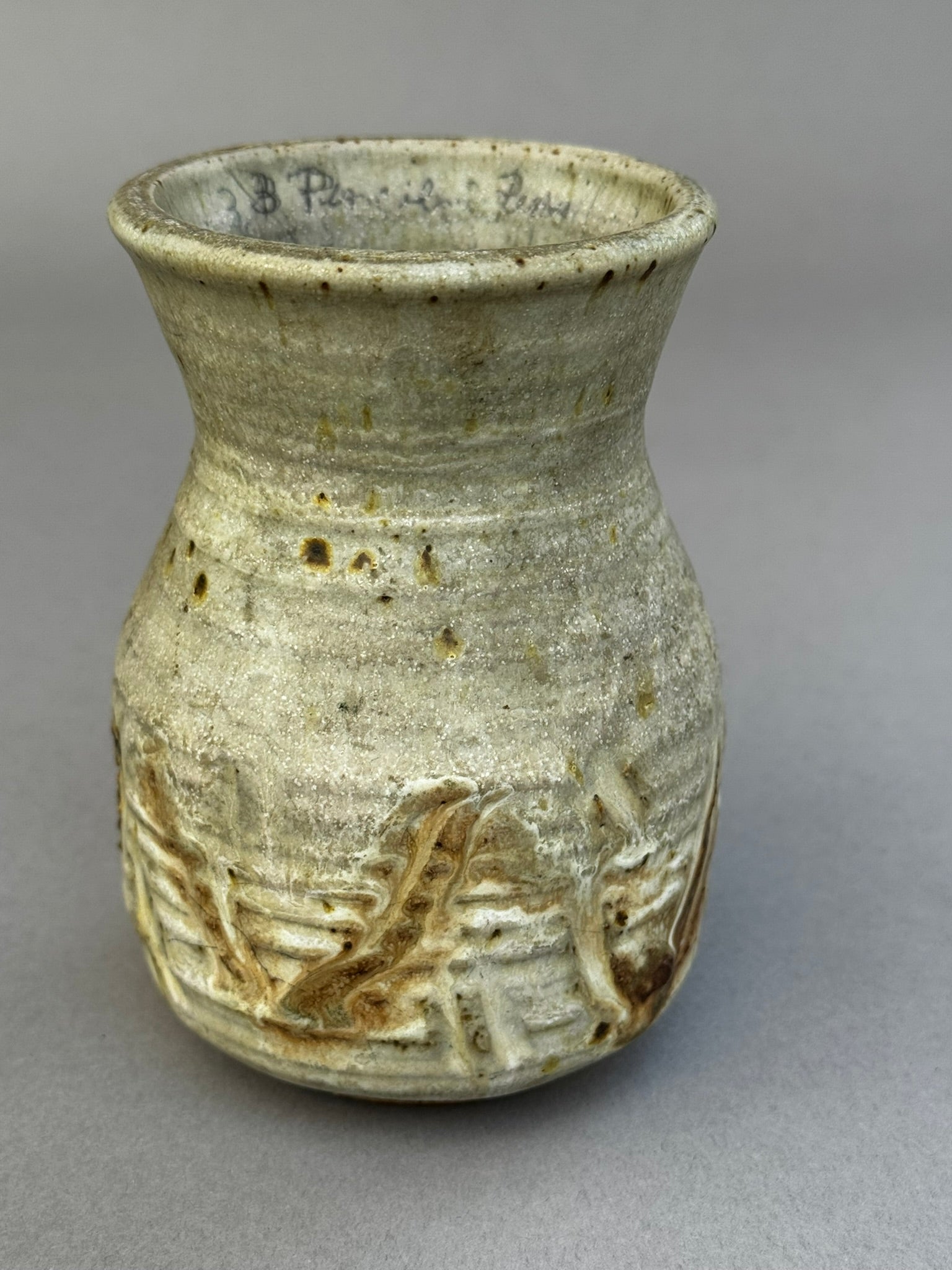 Signed Studio Pottery Vase by "AGE" – Hand-Thrown Glazed Ceramic Art, featuring a textured beige-grey glaze, hommes + gardens estudio.