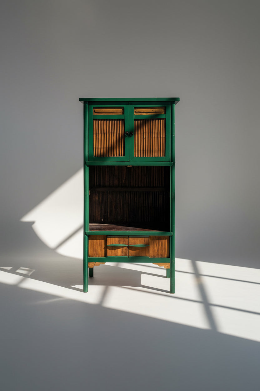 Chinese Qing Dynasty Kitchen Cabinet With Bamboo and Sliding Panels showcasing elegant bamboo details and a unique design. hommes + gardens estudio.