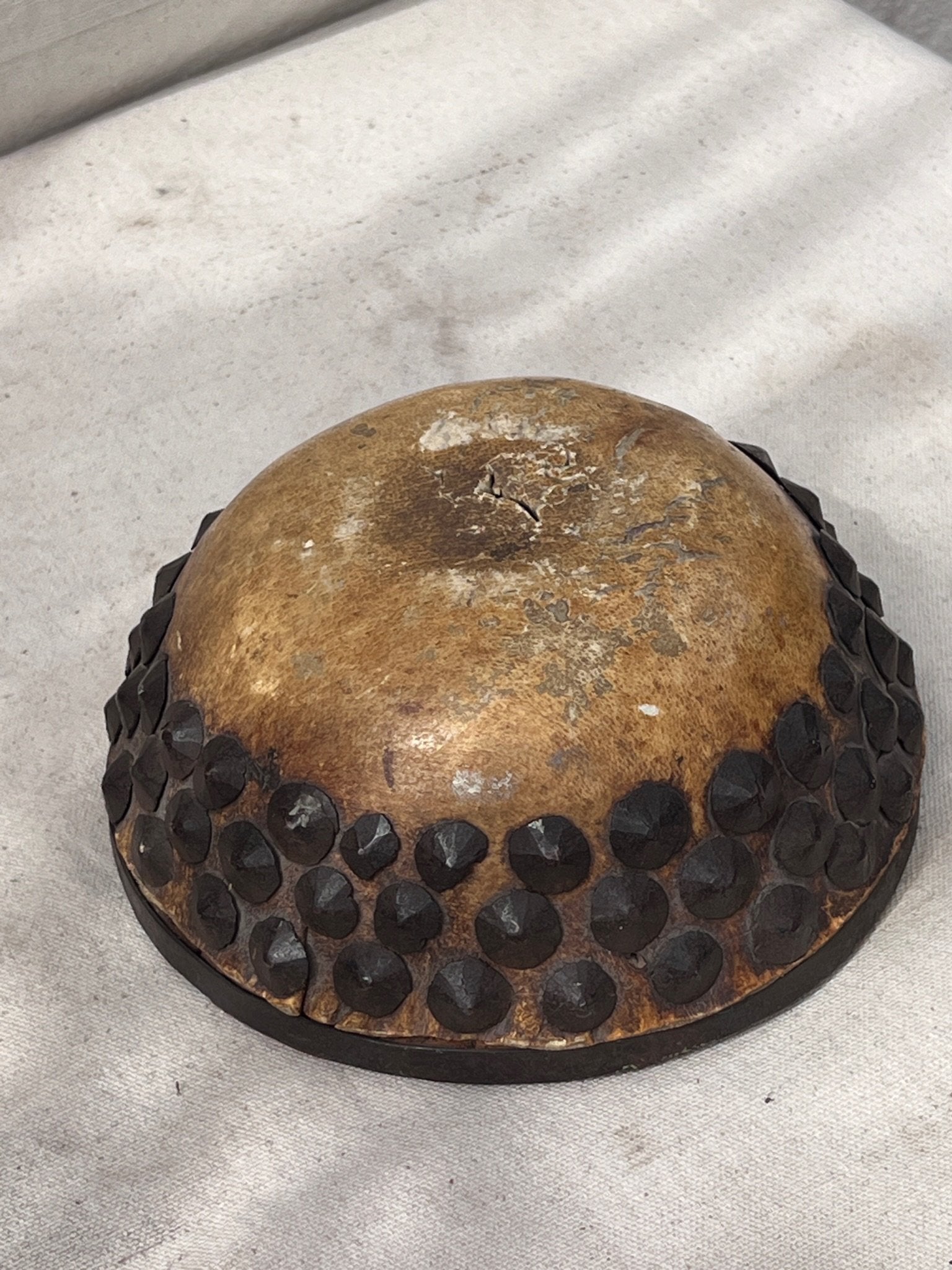 Primitive Chinese Wood & Animal Skin Bowl with intricate metal accents and antique finish, hommes + gardens estudio.