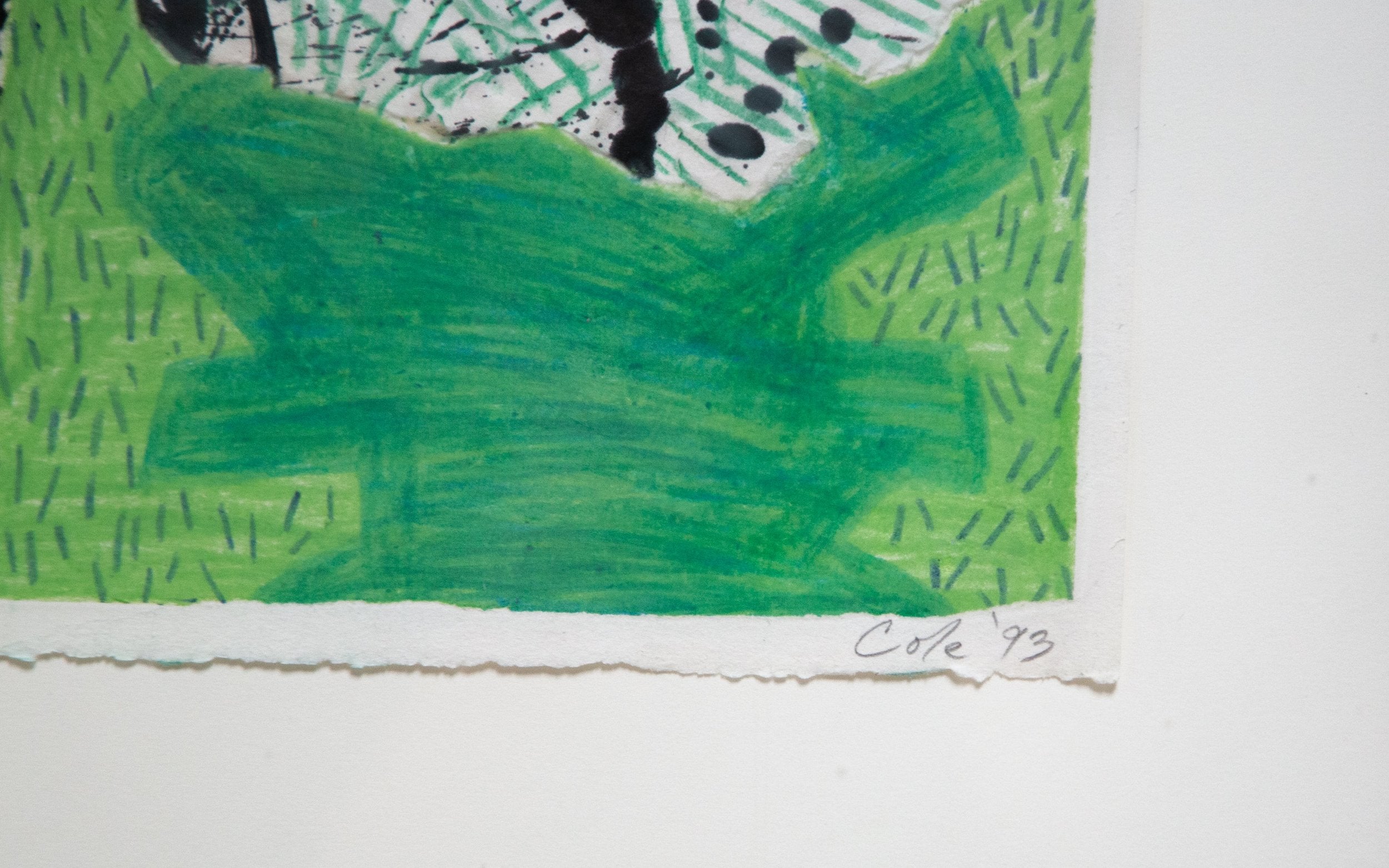 1990s Untitled Abstract Painting by Cole detail with green mixed media on paper, signed by Cole. hommes + gardens estudio