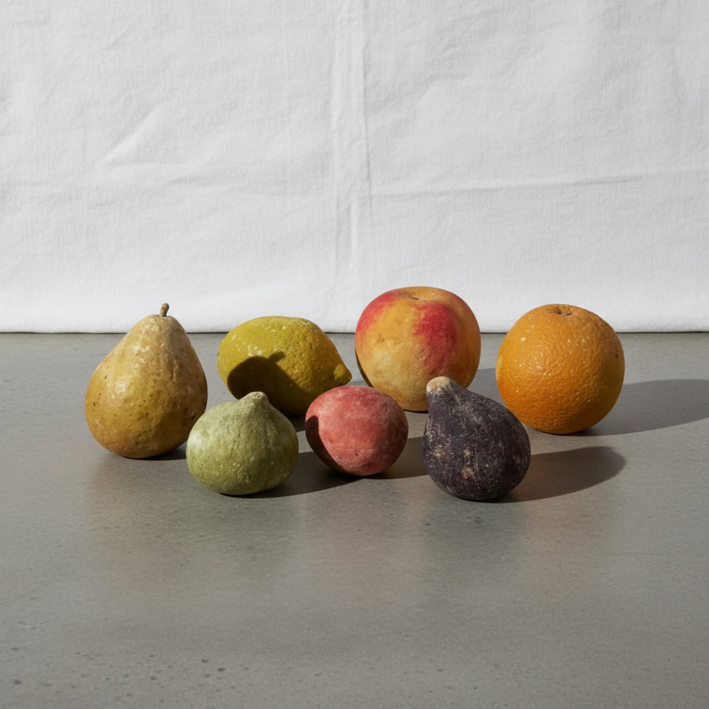 Collection of antique Italian folk art painted stone fruit from the early 20th century, including peach, pear, orange, lemon, plum, and figs, hand-painted to lifelike perfection — Hommes and Gardens, Home Decor Collection, Outdoor Decorations, Landscape Architect, Interior Designer, Outdoor Living, Home Design, Luxury Design, Art, Furniture, Objects, Best Gifts, Nature, Backyard, Yard.