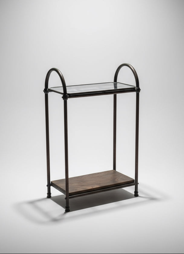 Antique Industrial Copper & Glass Entryway Stand with Wooden Shelf showcasing its elegant design and rustic charm. hommes + gardens estudio.