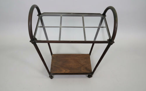 Antique Industrial Copper & Glass Entryway Stand with Wooden Shelf showcasing elegant design and functional storage. hommes + gardens estudio.