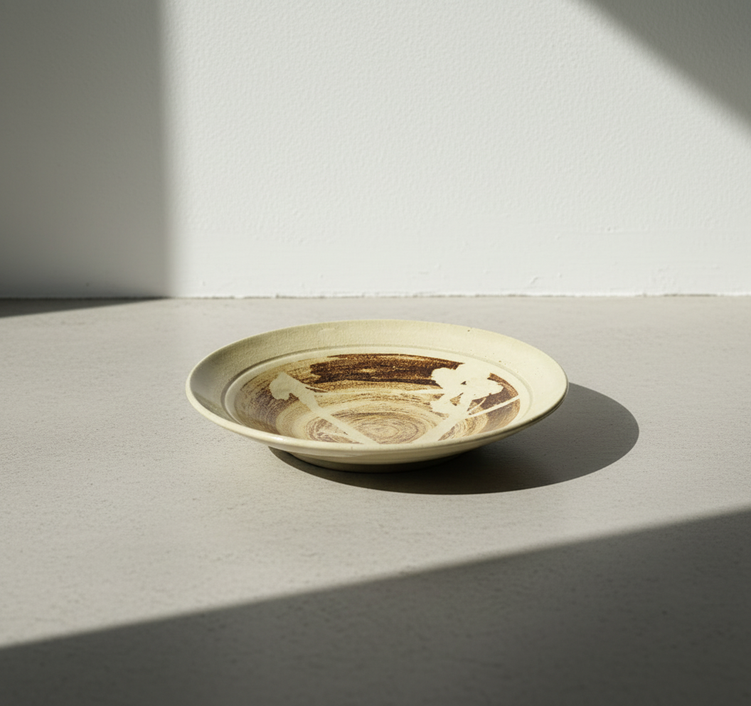 Crackle glaze pottery dinner plate signed by the artist, featuring warm beige and brown tones with intricate crackle texture, a handcrafted rustic tableware piece — Hommes and Gardens, Home Decor Collection, Outdoor Decorations, Landscape Architect, Interior Designer, Outdoor Living, Home Design, Luxury Design, Art, Furniture, Objects, Best Gifts, Nature, Backyard, Yard.