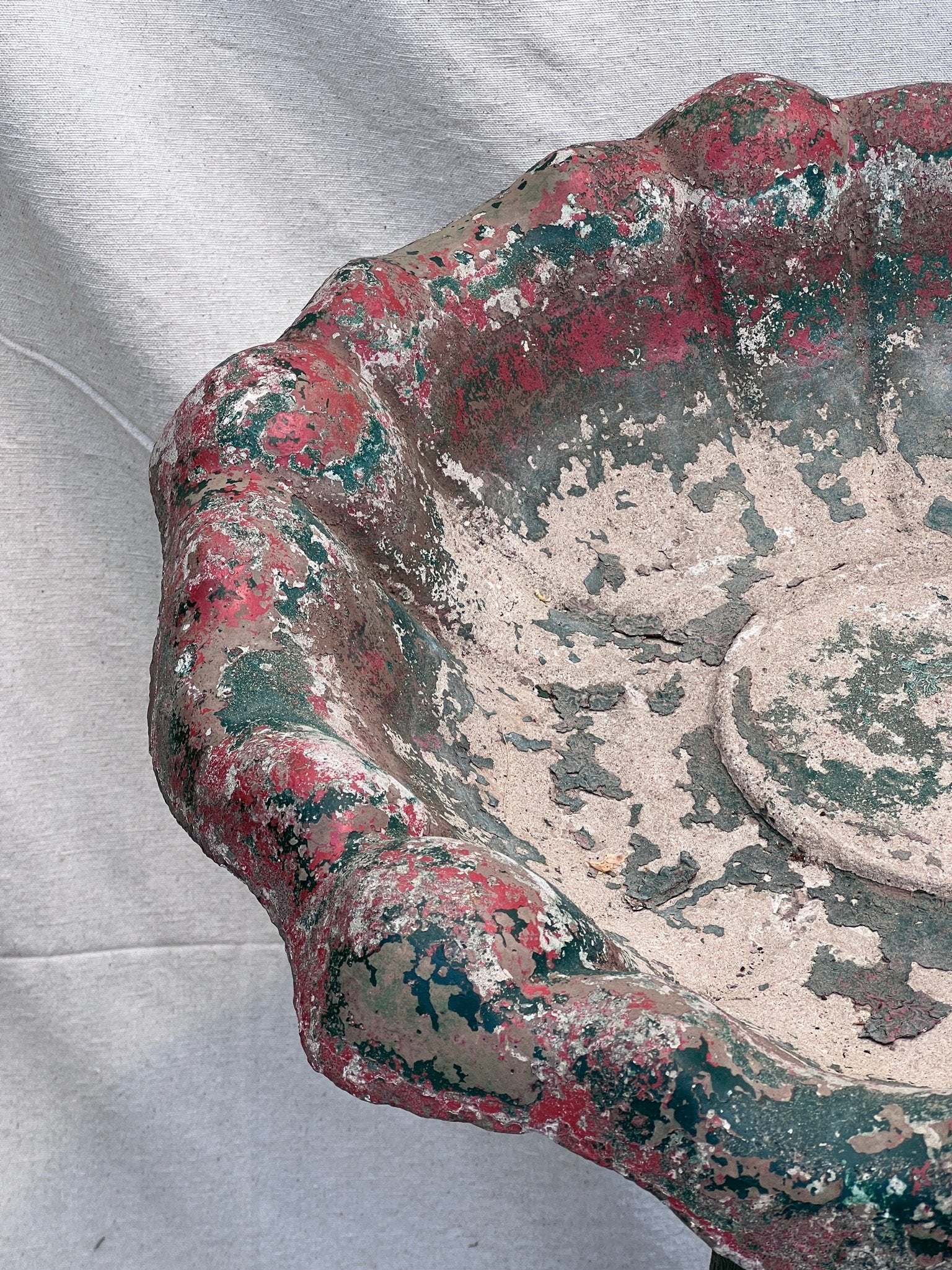 Early 20th-century painted concrete birdbath with pottery base in red and green patina, a vintage garden centerpiece — Hommes and Gardens, Water Features Collection, home decor, garden decor, outdoor decorations, home design, luxury design, Landscape Architect, Interior Designer, Outdoor Living, Art, Furniture, Objects, Best Gifts, Nature, Backyard, Yard.