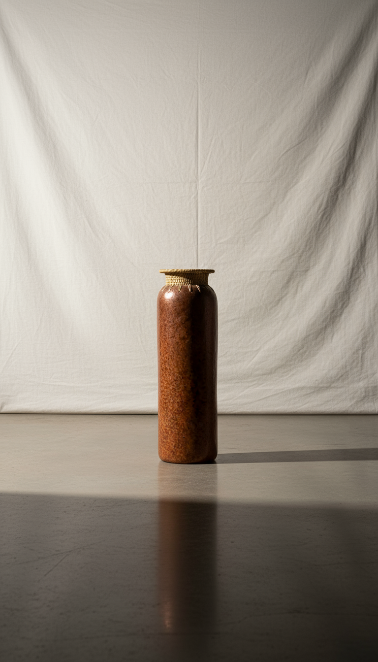 Earthenware reddish-orange vase with natural reed woven into the rim, a rustic handcrafted pottery piece radiating warmth, texture, and organic beauty — Hommes and Gardens, Pots & Vessels Collection, Home Decor, Outdoor Decorations, Landscape Architect, Interior Designer, Outdoor Living, Home Design, Luxury Design, Art, Furniture, Objects, Best Gifts, Nature, Backyard, Yard.