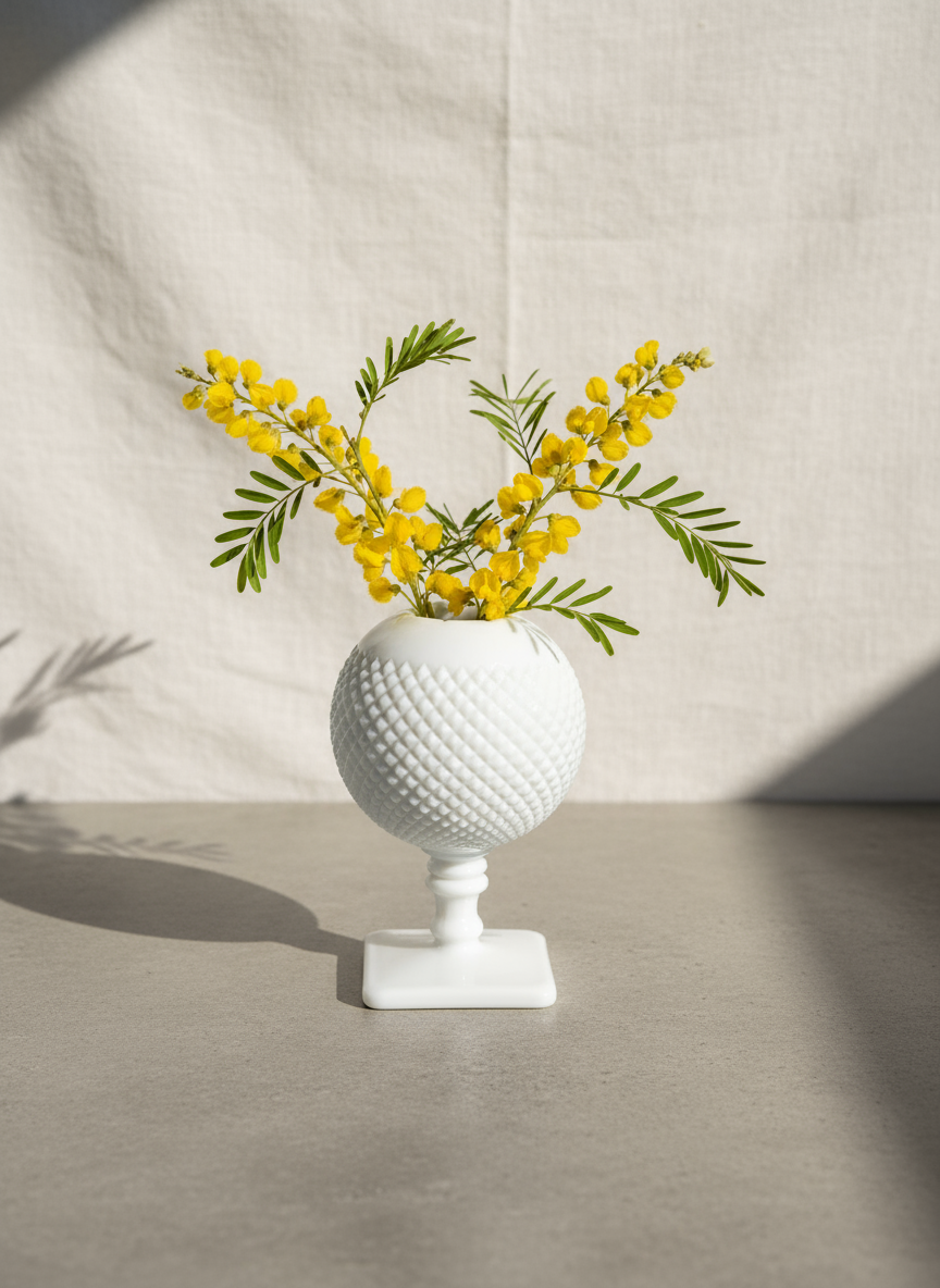 English hobnail milk glass ivy ball vase by Westmoreland featuring raised textured pattern and glossy white finish, a timeless vintage decorative piece — Hommes and Gardens, Pots & Vessels Collection, Home Decor, Outdoor Decorations, Landscape Architect, Interior Designer, Outdoor Living, Home Design, Luxury Design, Art, Furniture, Objects, Best Gifts, Nature, Backyard, Yard.