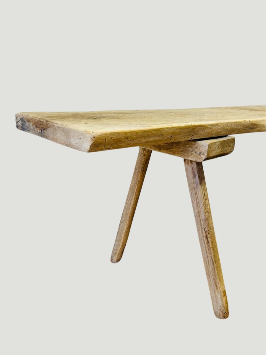 European antique rustic butcher’s bench in primitive bleached wood, hand-hewn and naturally aged, used as a farmhouse console or wabi-sabi accent table — Hommes and Gardens, Furniture Collection, Landscape Architect, Interior Designer, Outdoor Living, Art, Furniture, Objects, Best Gifts, Nature, Backyard, Yard, Outdoor Decorations, Home Decor, Home Design, Luxury Design.