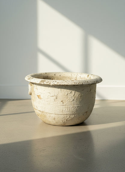 Antique European terracotta planter with aged white patina and classic rounded silhouette, featuring wide rolled rim and weathered surface, front view — Hommes and Gardens, Pots + Vessels Collection, landscape design, plant design, Landscape Architect, Interior Designer, Outdoor Living, Outdoor Decorations, Home Design, Luxury Design, Art, Furniture, Objects, Best Gifts, Nature, Backyard, Yard.
